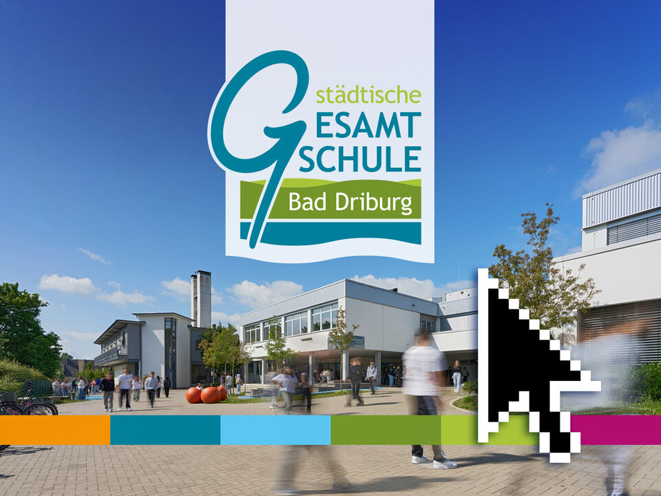 Eine Collage von Schulansicht, Schulfarben und Schullogo