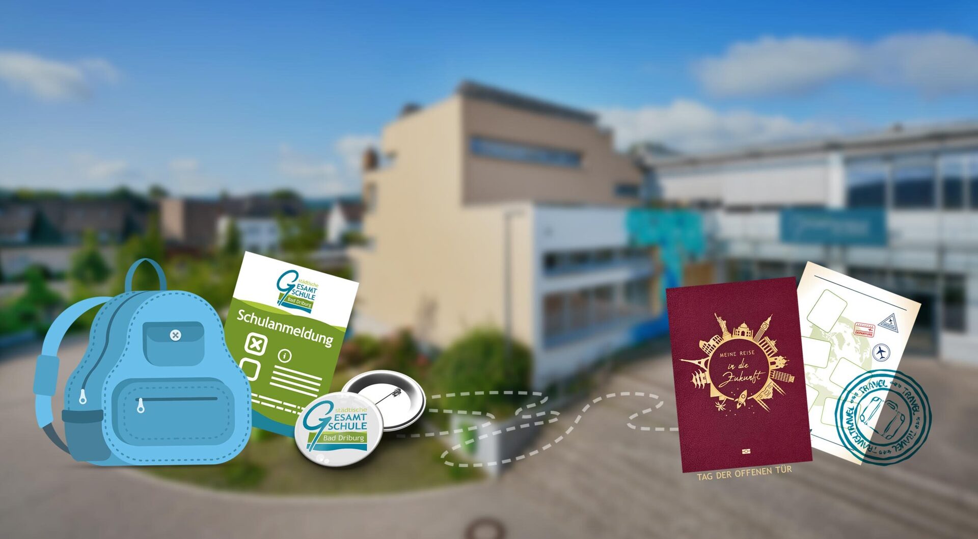 Schulgebäudeansicht im Hintergrund und davor Rucksack, Buttons, Flyer usw. für den Tag der offenen Tür