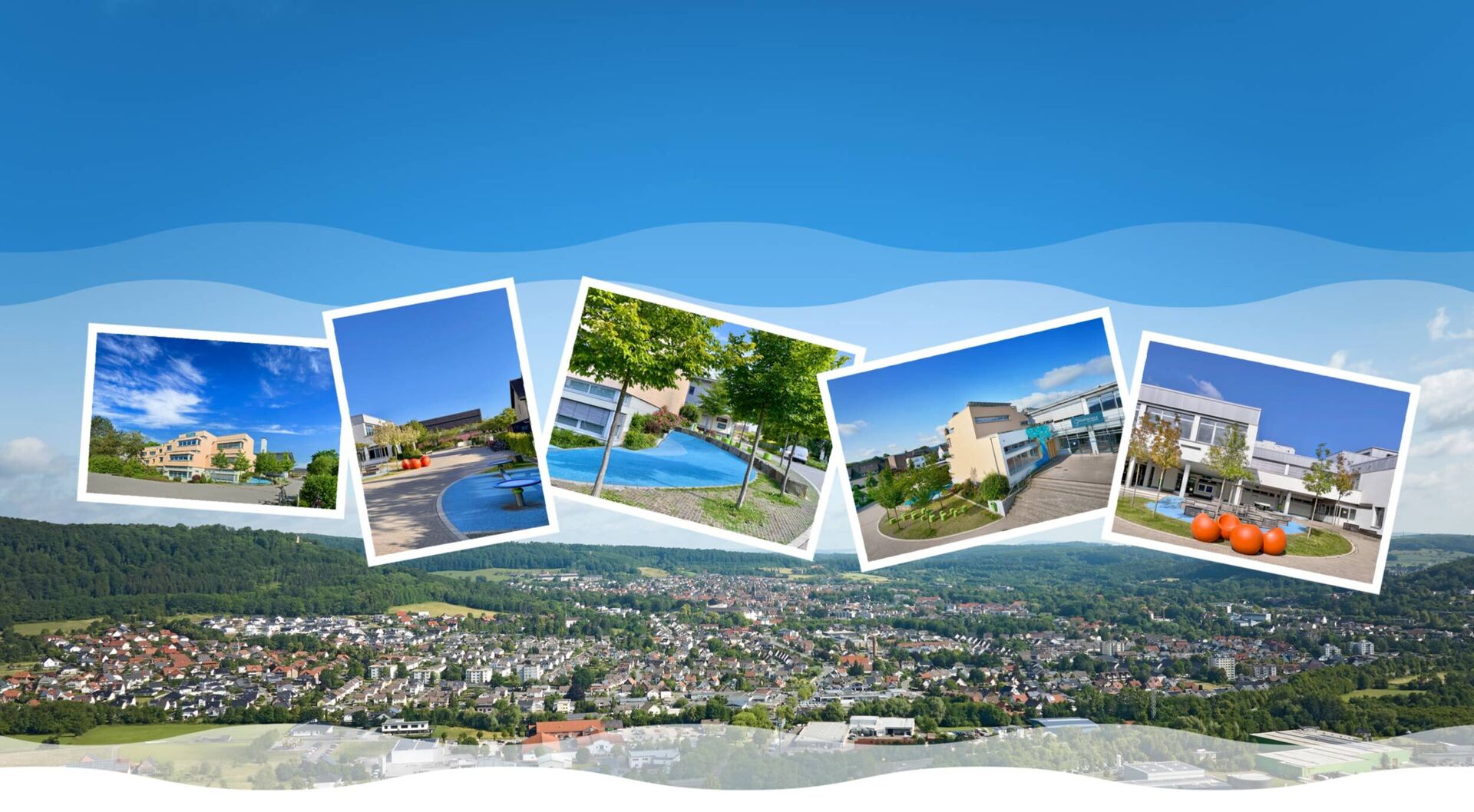 Eine Collage aus Stadtansicht und Schulstandort-Fotos