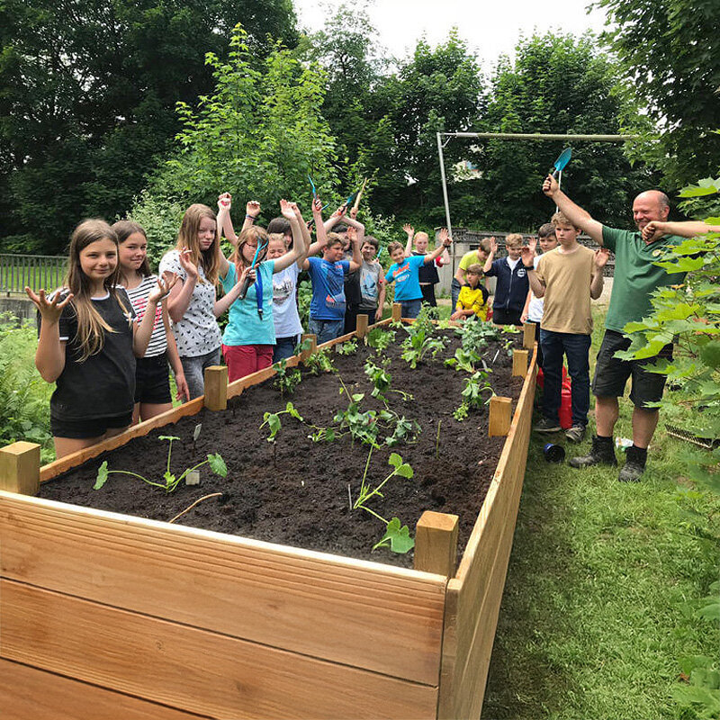 Schülerinnen und Schüler stehen am Hochbeet