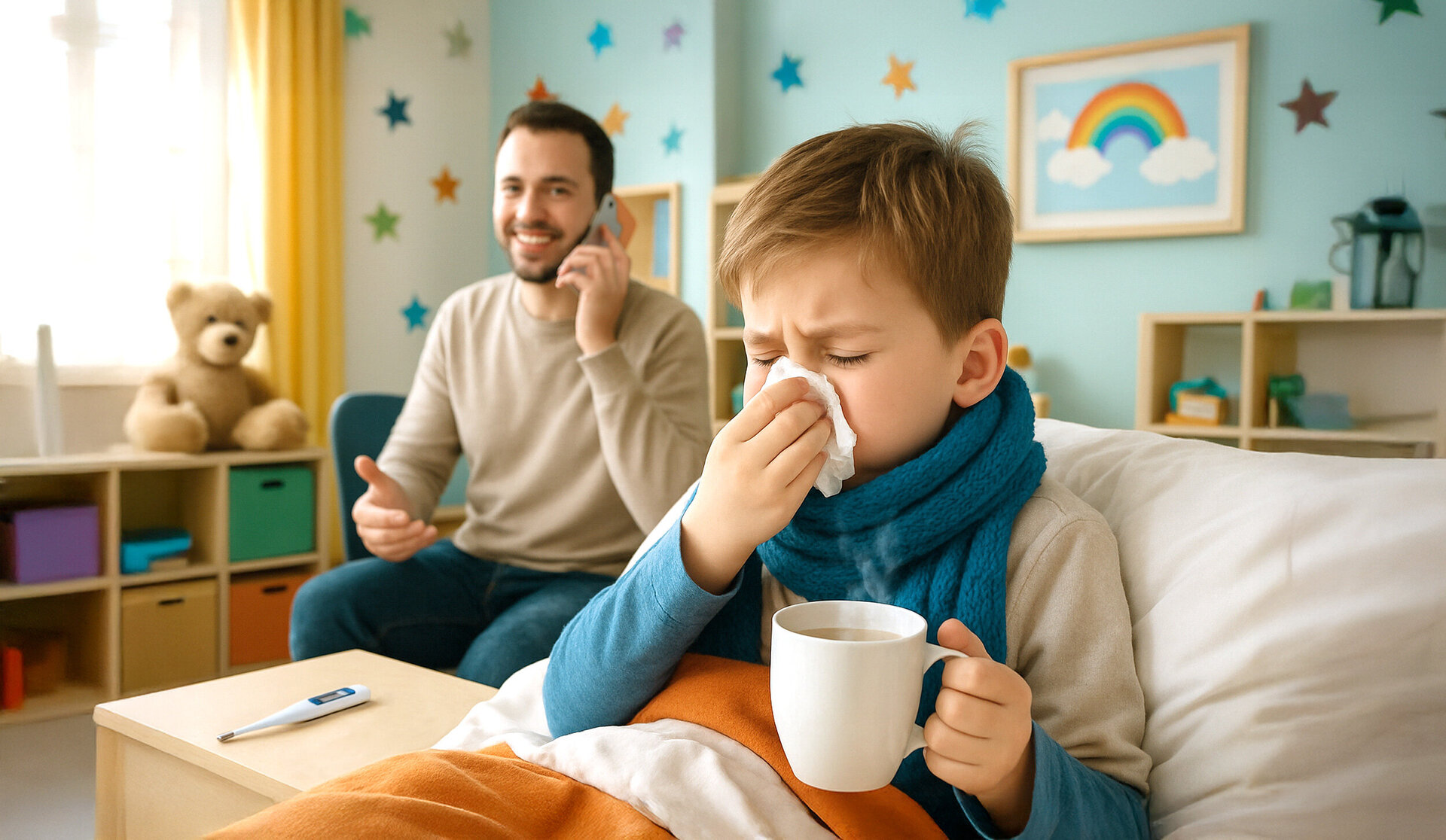 Ein krankes Kind liegt im Bett und der Vater steht mit dem Telefonhörer im Hintergrund und meldet per Telefon sein Kind bei der Schule krank