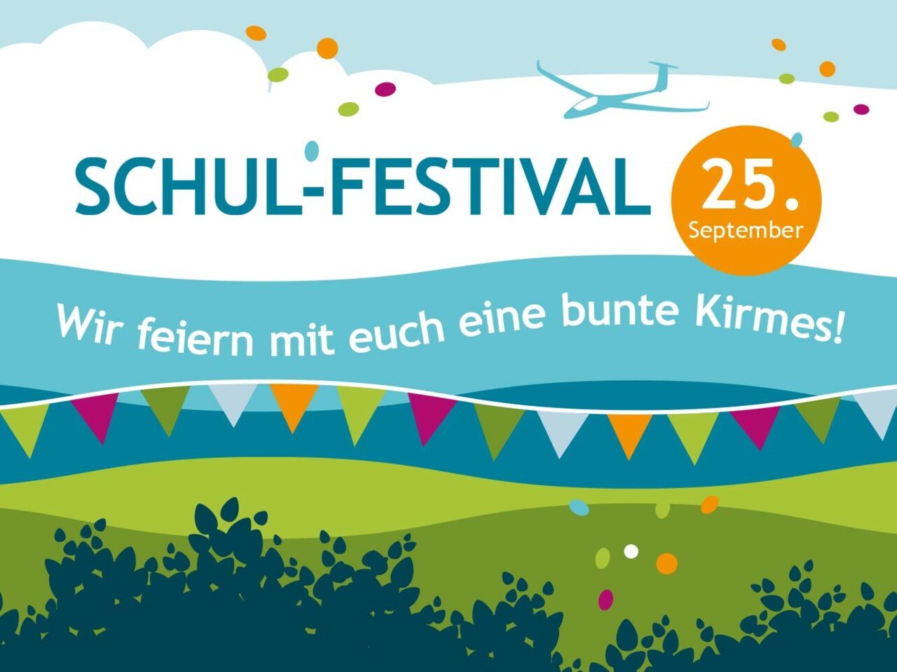 Ein Plakat mit illustrativen Motiven der Bad Driburger Landschaft und Wimpelkette bezüglich des Schul-Festivals