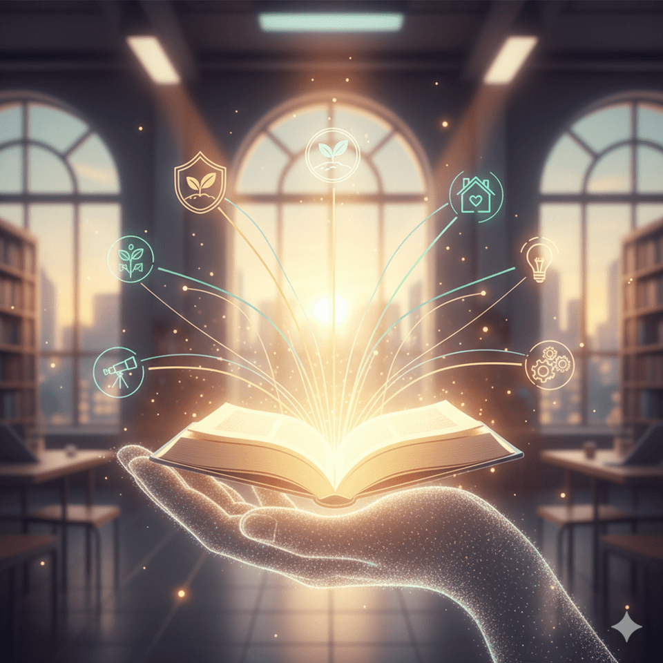 Eine leuchtende Hand hält ein Buch